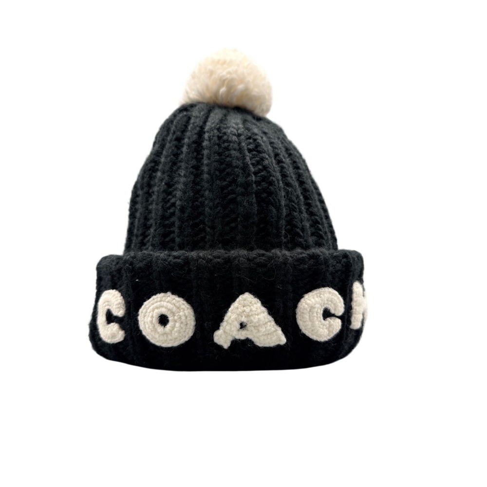 COACH Hand Knit Cable Cuff Hat Black White Pom Beanie O/S NWT